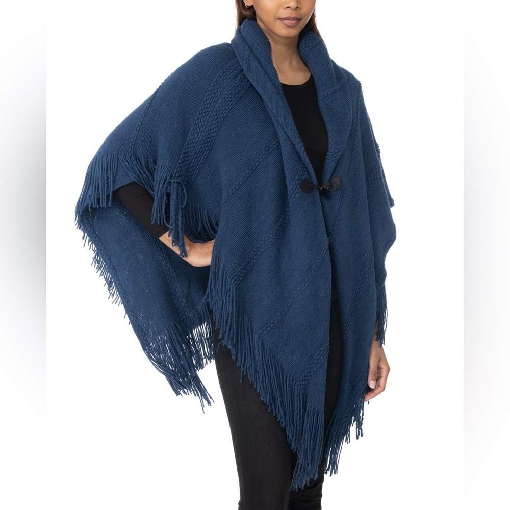 Charter Club Women's Navy Blue Raschel-Knit Toggle Fringe Poncho